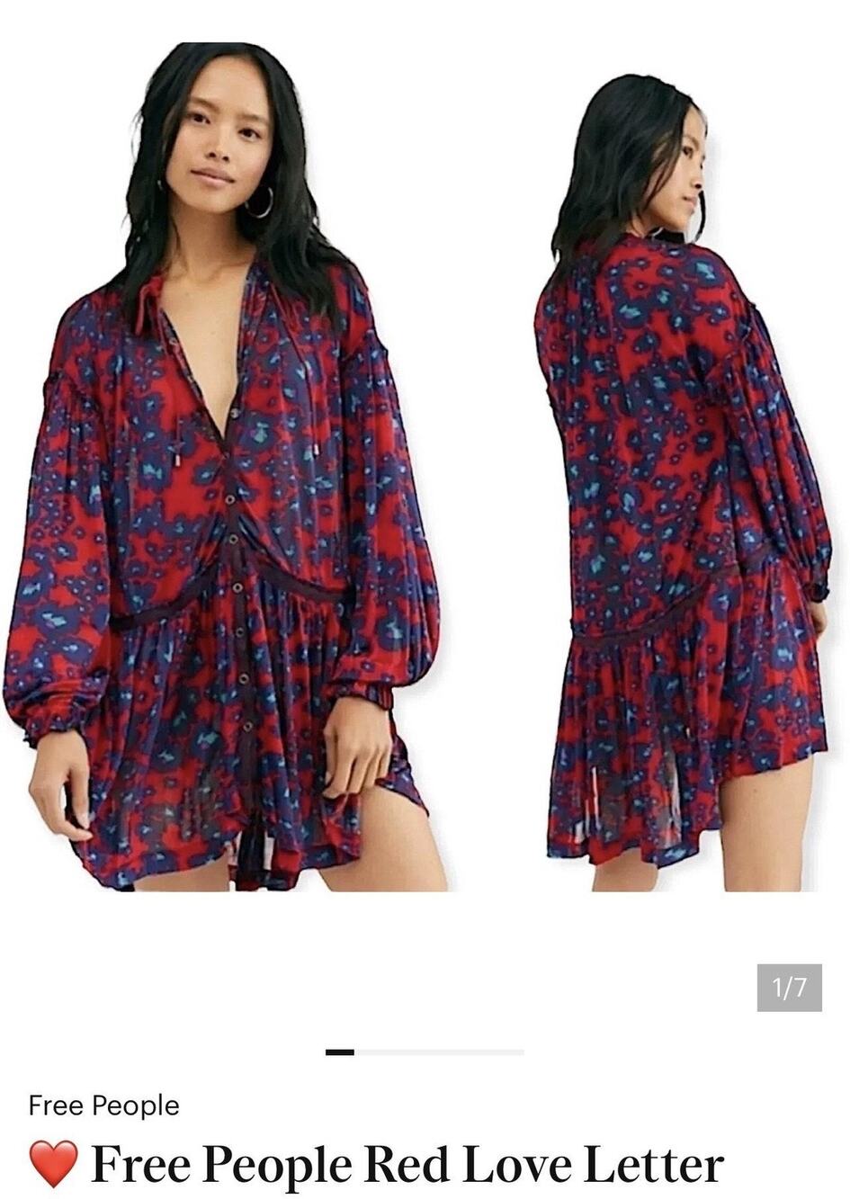 Free People Dress Womens Size Small Red Floral Love Letter Boho Swing Ruffle Hem